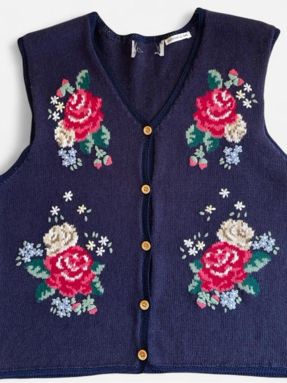 Vintage 90s Cottagecore Navy Knit Sweater Vest Jantzen Embroidered Pink Flowers